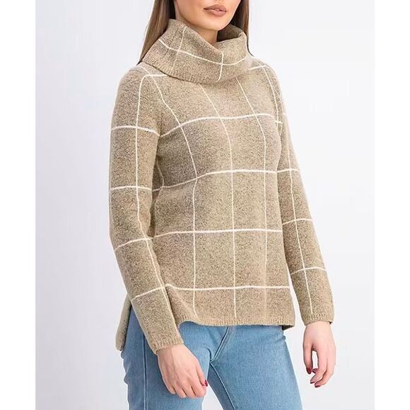 Evolution by Cyrus Windowpane Tan and White Turtleneck Sweater Size S Norta Plai - Picture 1 of 10